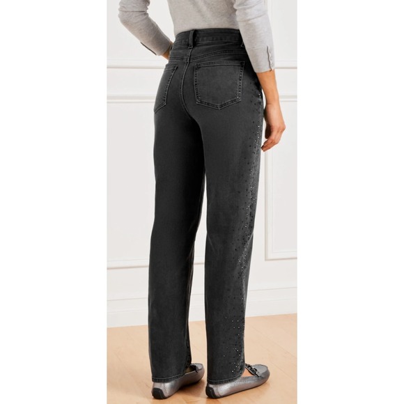 Talbots Embellished High Waist Relaxed Jeans Black Rhinestone Crystal Size 14 - Picture 14 of 16